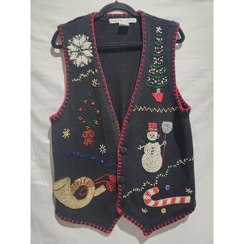 VTG Victoria Jones Cardigan Holiday Buttonup Snowman‎ Vest Large Grandma Sweater